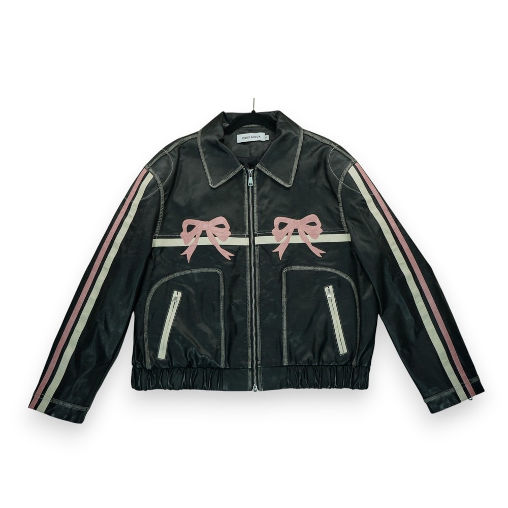 Diddi Moda Leather Jacket Full Zip Striped Grunge Bomber Jacket Black Size Small